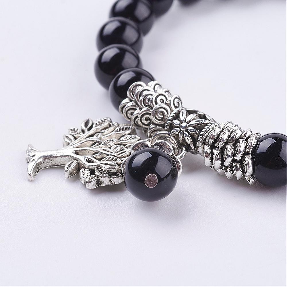 Black agate stone bracelet with life tree - Protection and balance