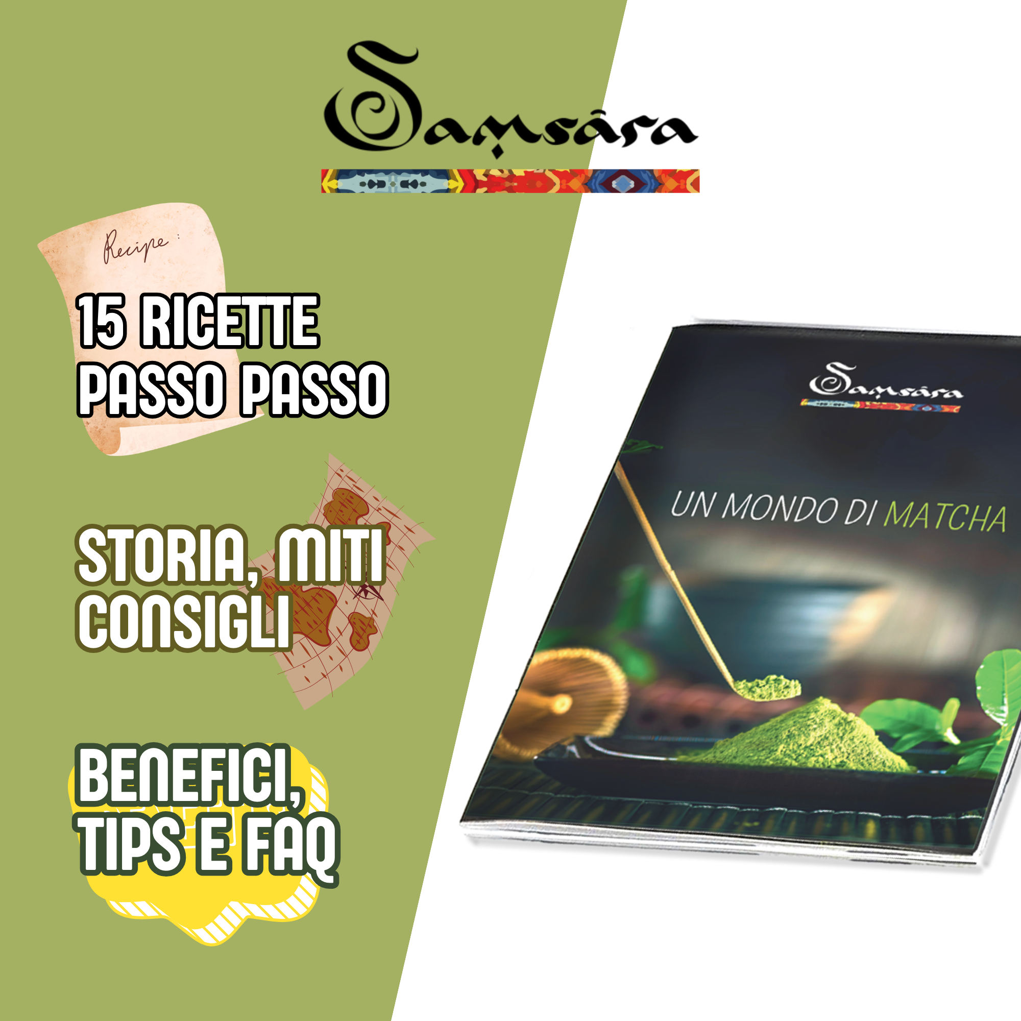 Samsara - Matcha Kit, Illustrative Book and 15 Recipes - Blue Matcha, Temcha ceremonial and imperial - 10g each - Japanese ritual with Chasen and Chasaku