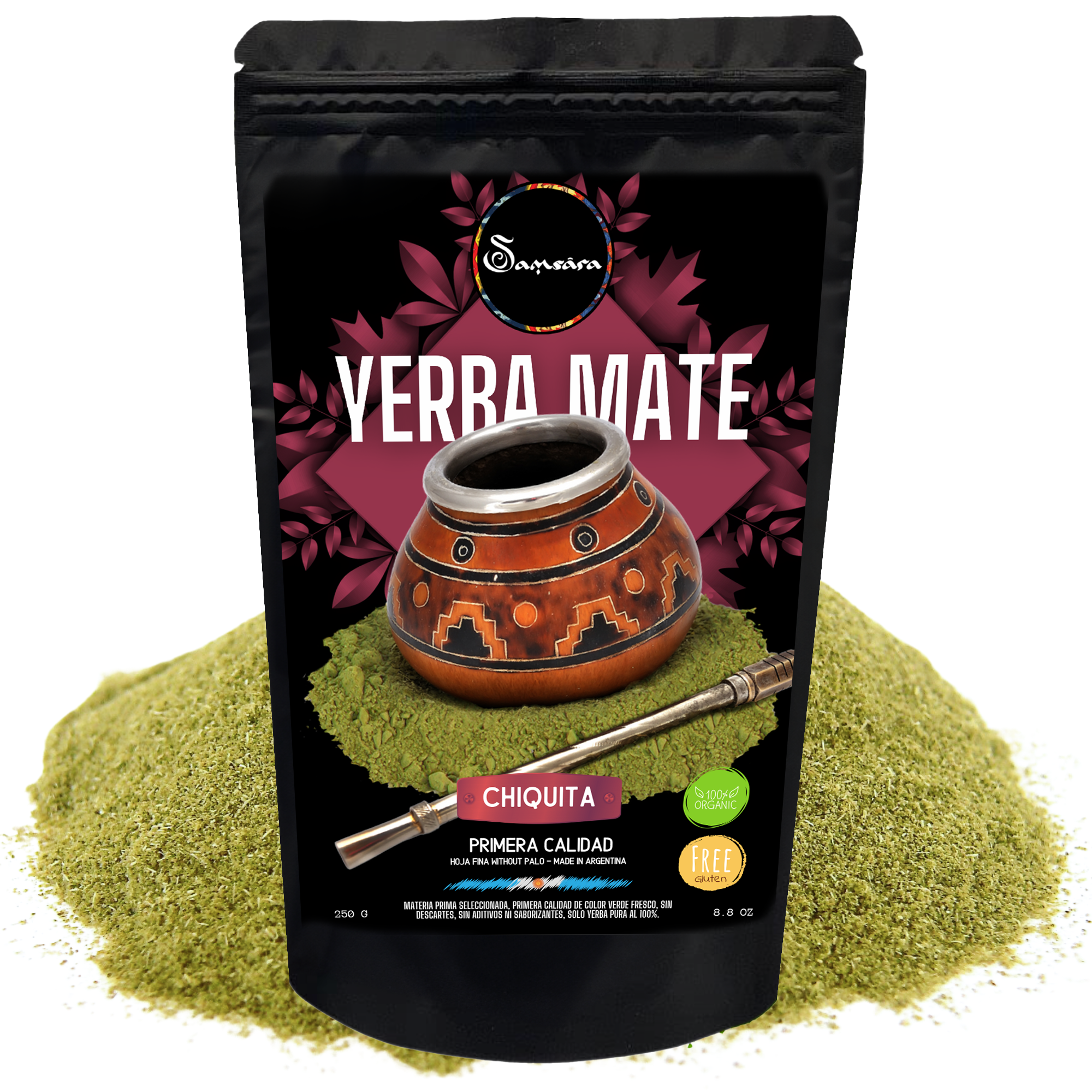 Samsara - Yerba Mate Gluten -free artisan, Chiquita | Fina leaf powder without pole | Made in Argentina