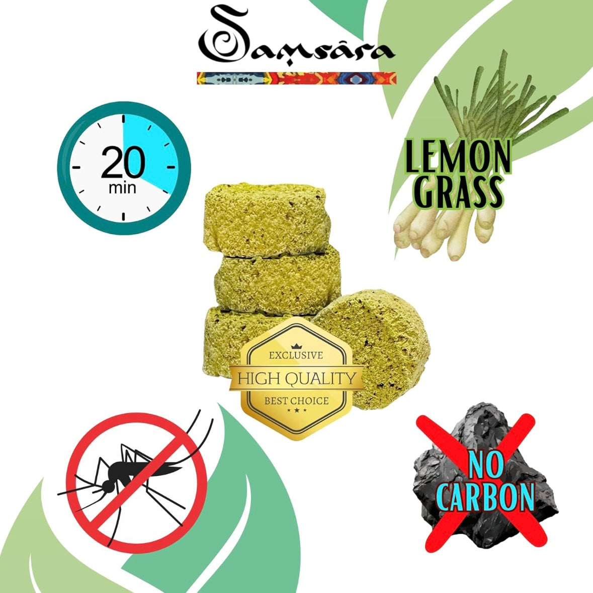 Samsara Carbioncini Anti -mosquito incentive to the 100% natural lemongrass - No coal, no chemical additives, no volatiles - No Mosquitos (8 charcoals)