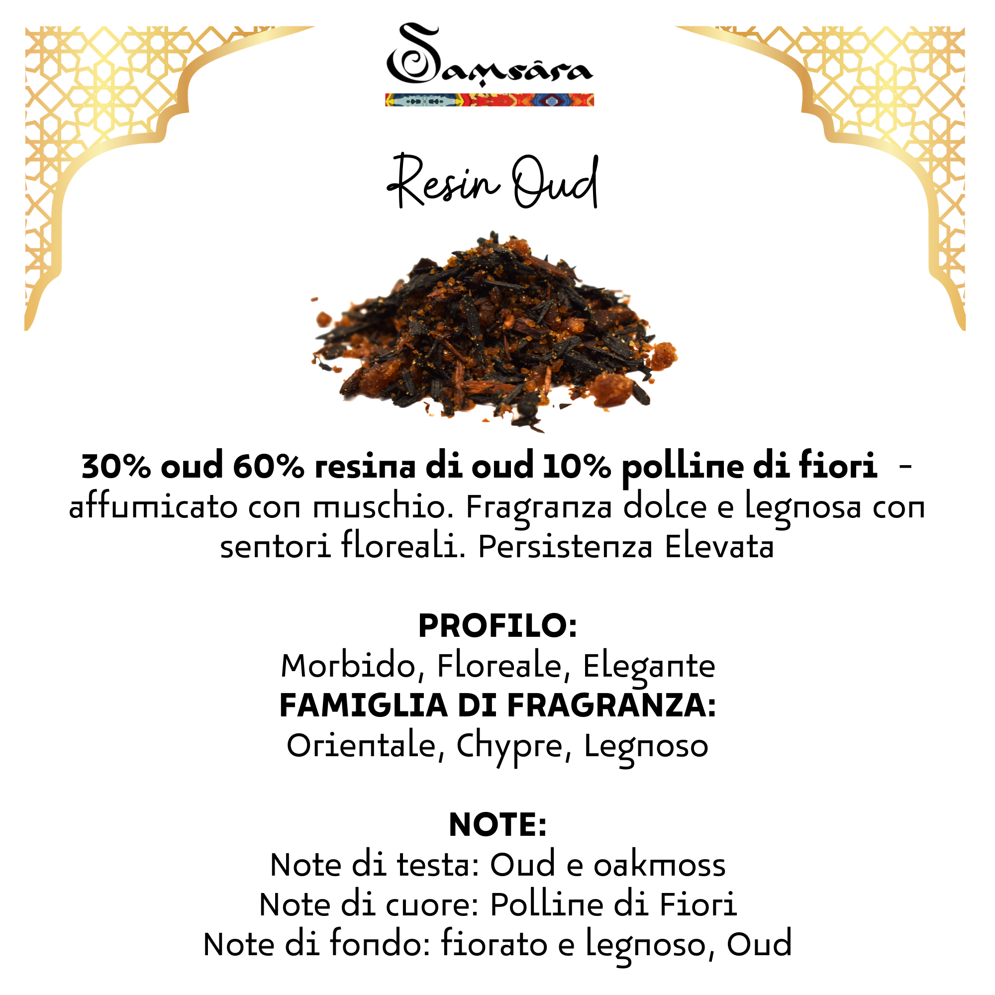 SAMSARA - Profumo Arabo solido Bakhoor con legno di Oud ultra Persistente | Profumo per Corpo, Capelli ed Indumenti - RESIN OUD | 20g - Made in Dubai