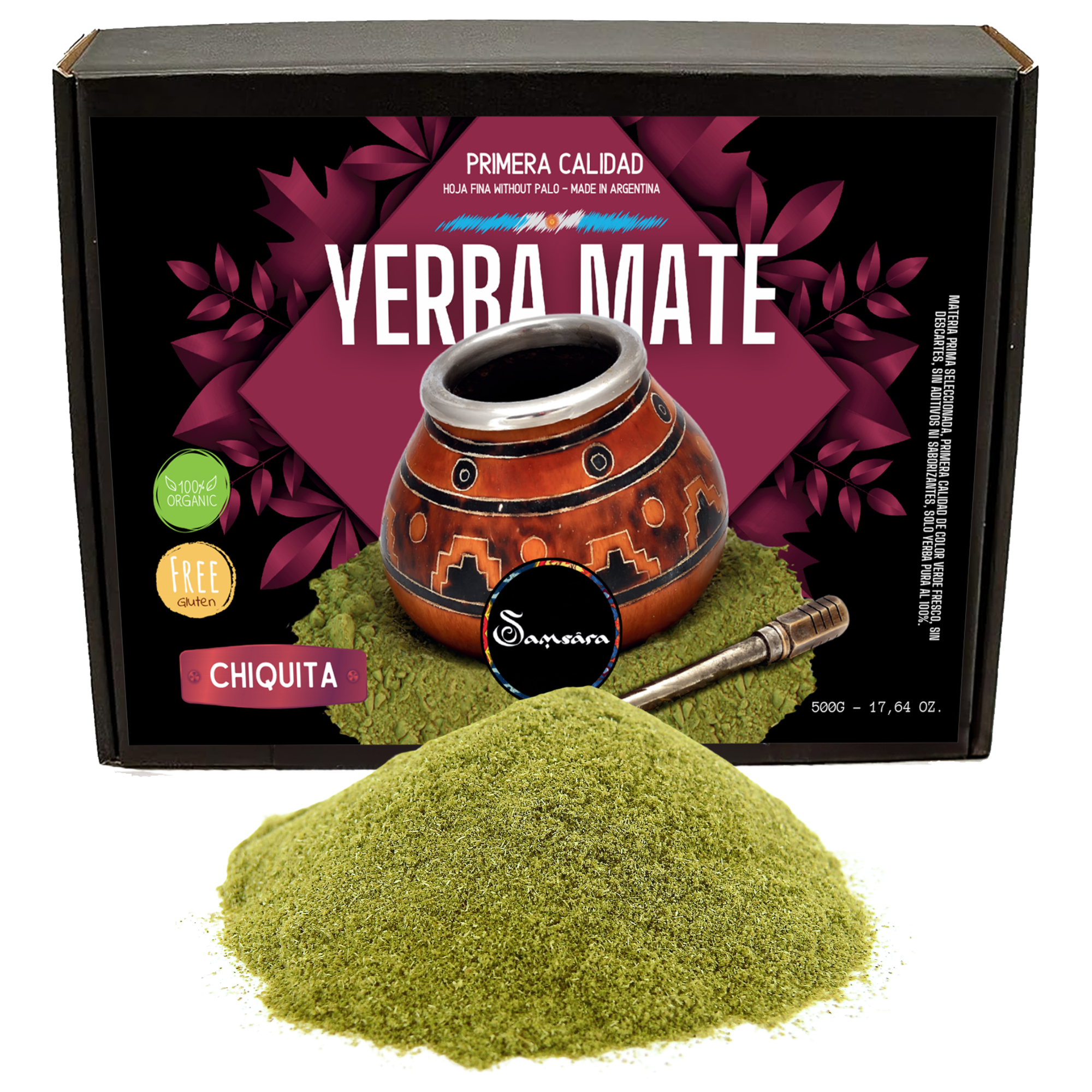 Samsara - Yerba Mate Gluten -free artisan, Chiquita | Fina leaf powder without pole | Made in Argentina