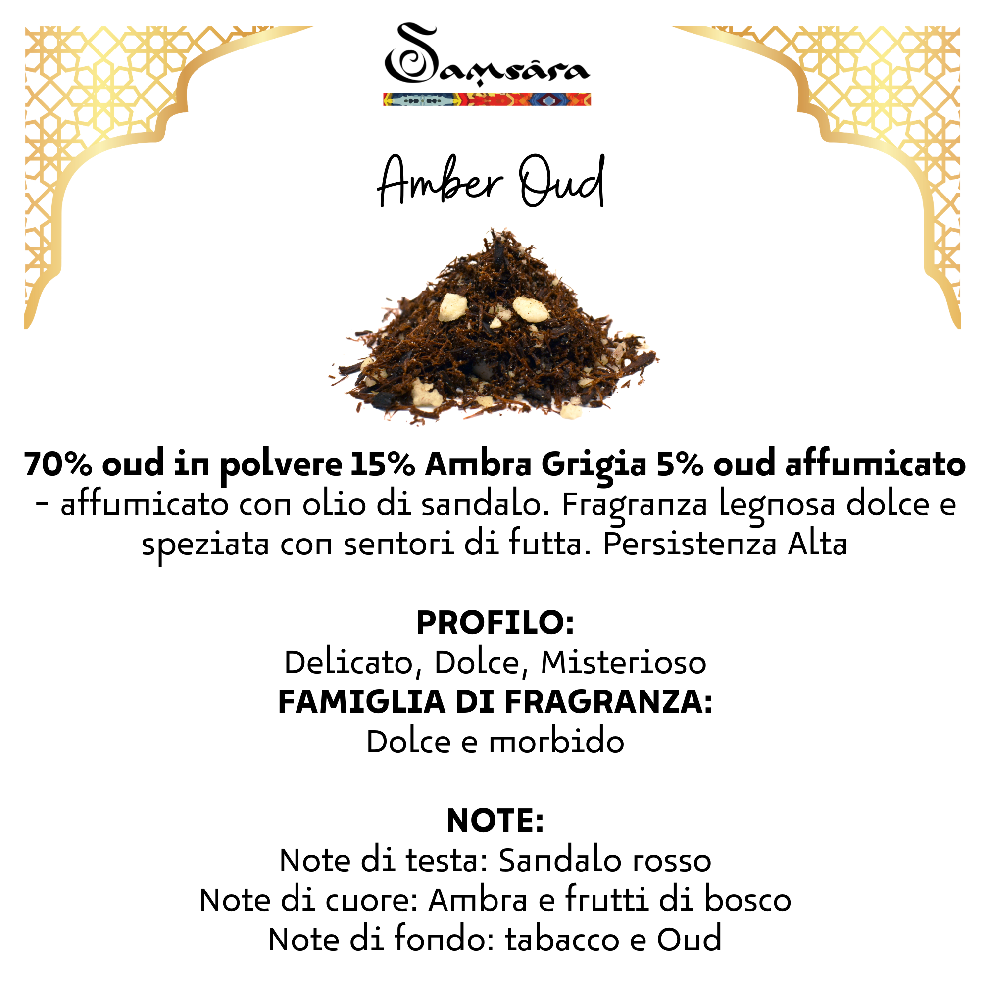 SAMSARA - Profumo Arabo solido Bakhoor con legno di Oud ultra Persistente | Profumo per Corpo, Capelli ed Indumenti - AMBER OUD | 20g - Made in Dubai