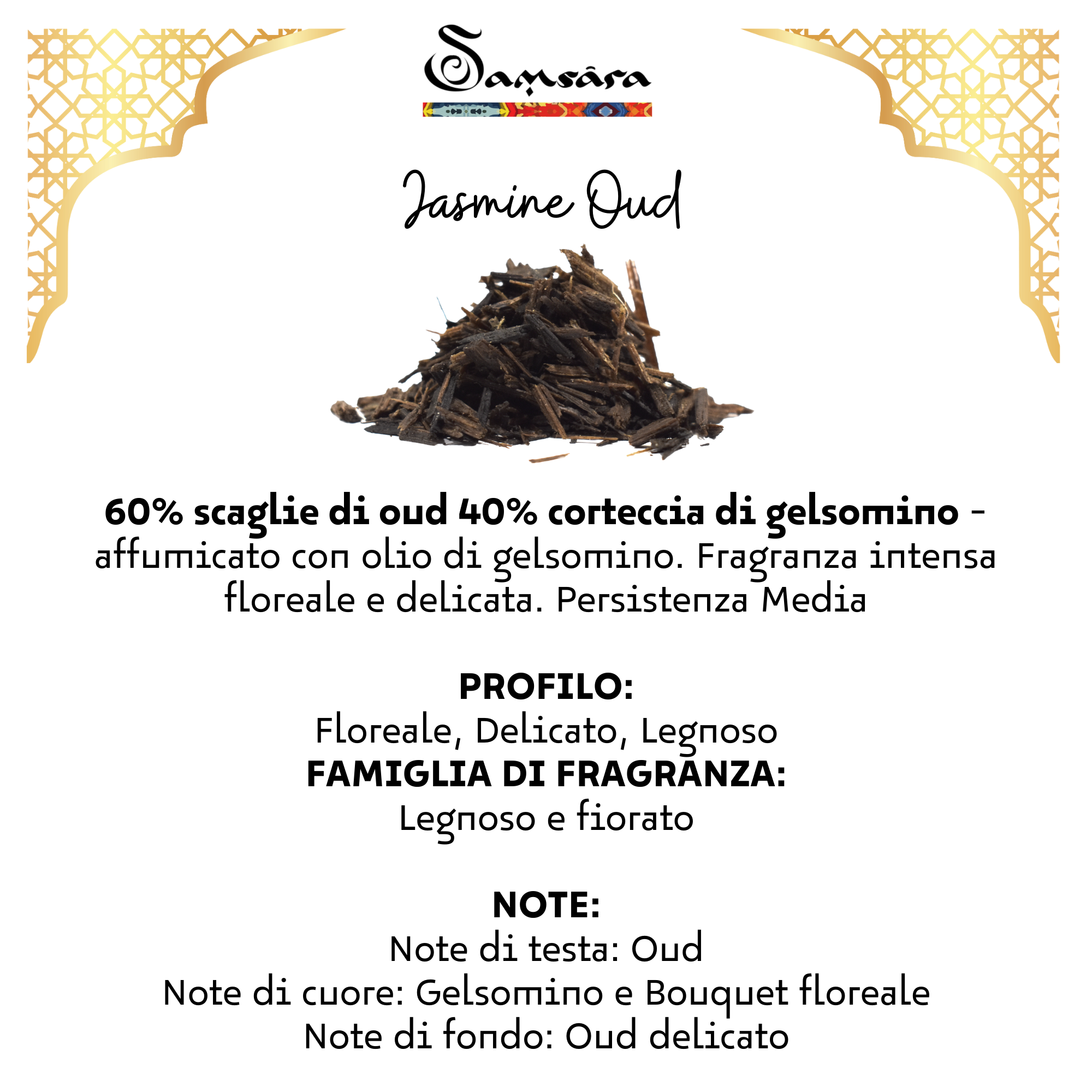 SAMSARA - Profumo Arabo solido Bakhoor con legno di Oud ultra Persistente | Profumo per Corpo, Capelli ed Indumenti - JASMINE OUD | 20g - Made in Dubai