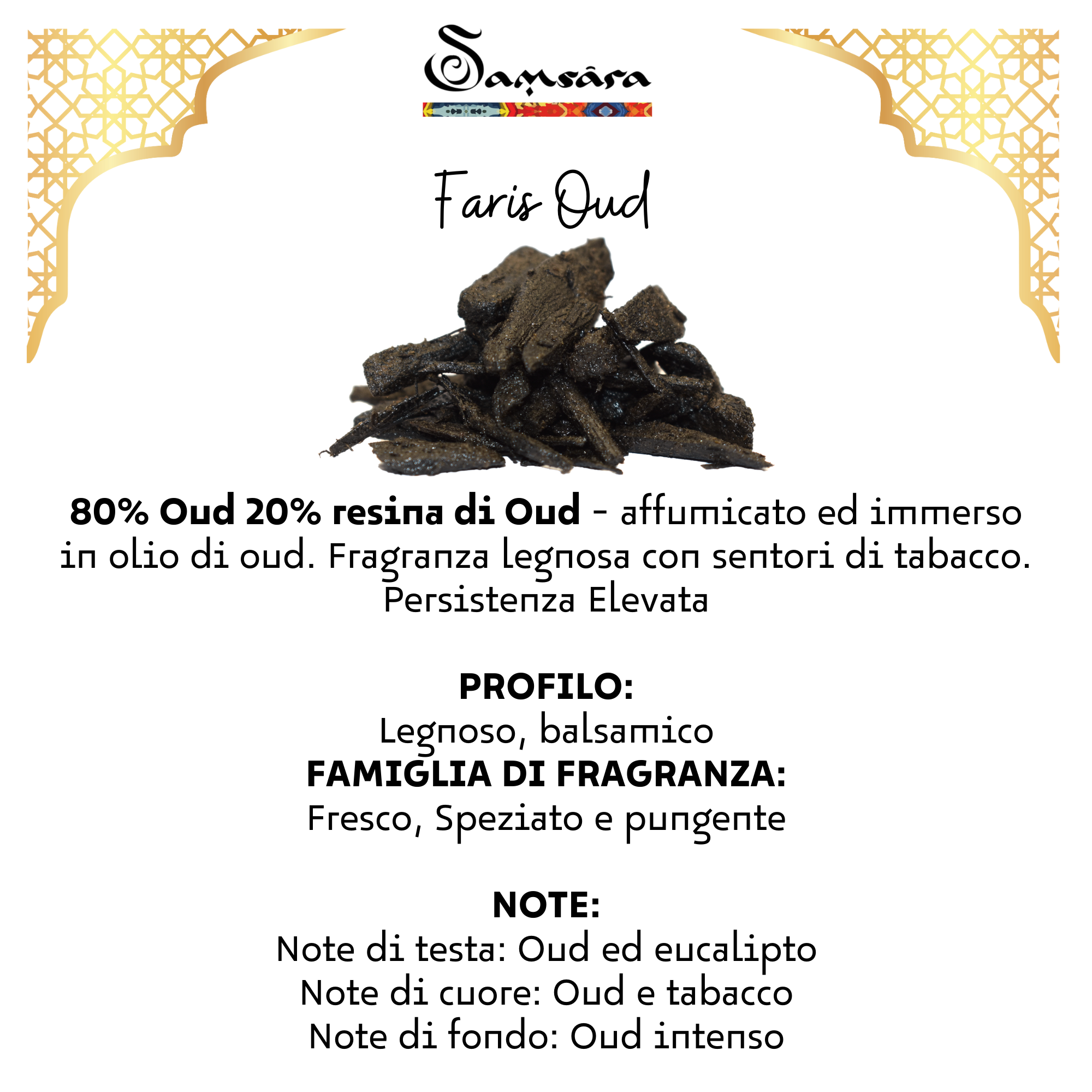 SAMSARA - Profumo Arabo solido Bakhoor con legno di Oud ultra Persistente | Profumo per Corpo, Capelli ed Indumenti - FARIS OUD | 20g - Made in Dubai