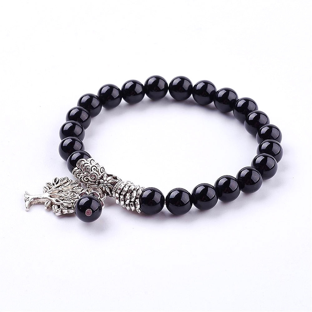Black agate stone bracelet with life tree - Protection and balance