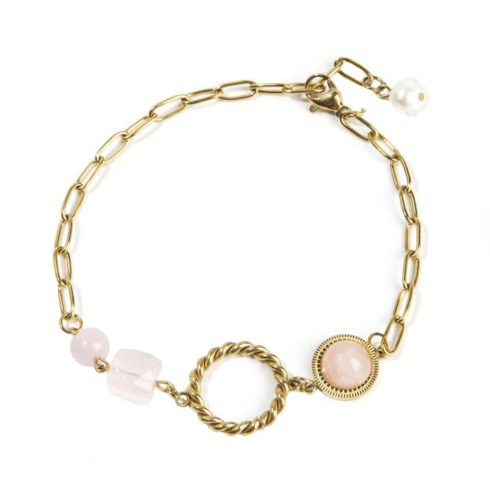 Bracciale con cubo sfaccettato in Quarzo rosa - Acciaio inox