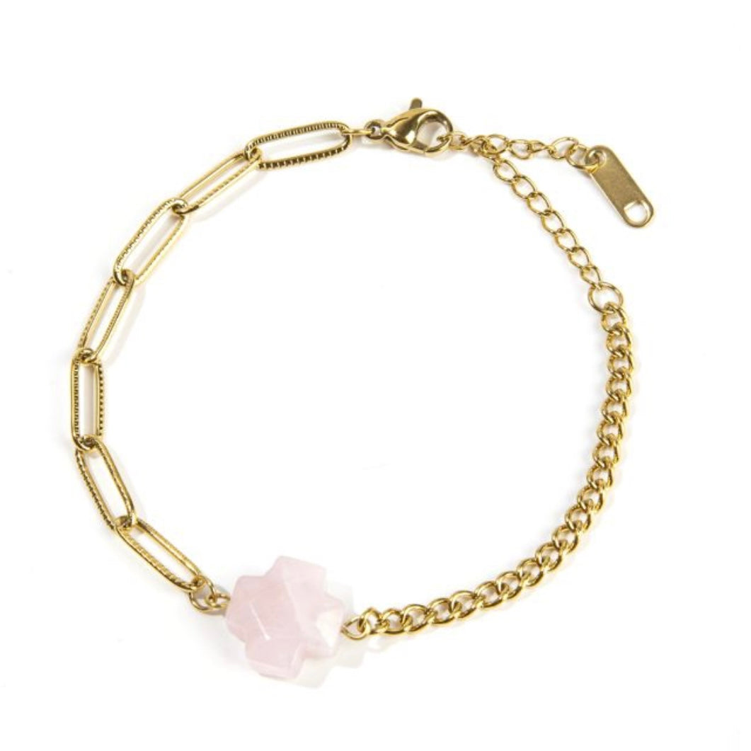 Bracciale croce in Quarzo rosa - Acciaio inox