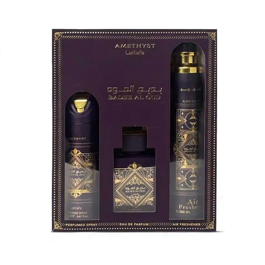 Lattafa Gift set BADE'E AL OUD AMETHYST Profumo, deodorante e deodorante ambiente  - Confezione regalo