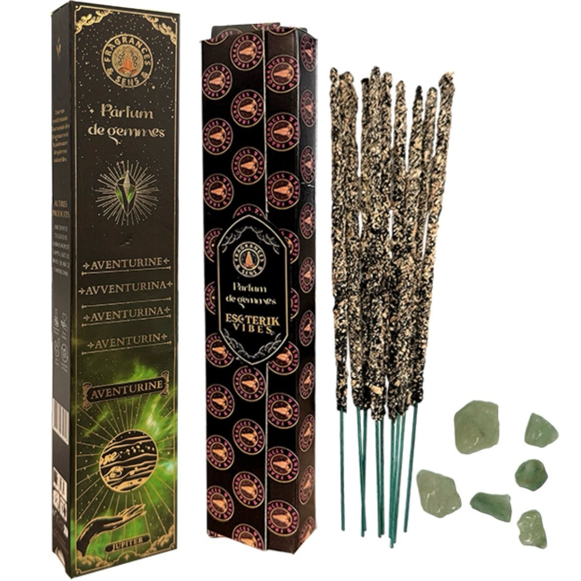 Parfum de Gemmes incense in sticks and fragments of natural stone in flakes - green adventurine
