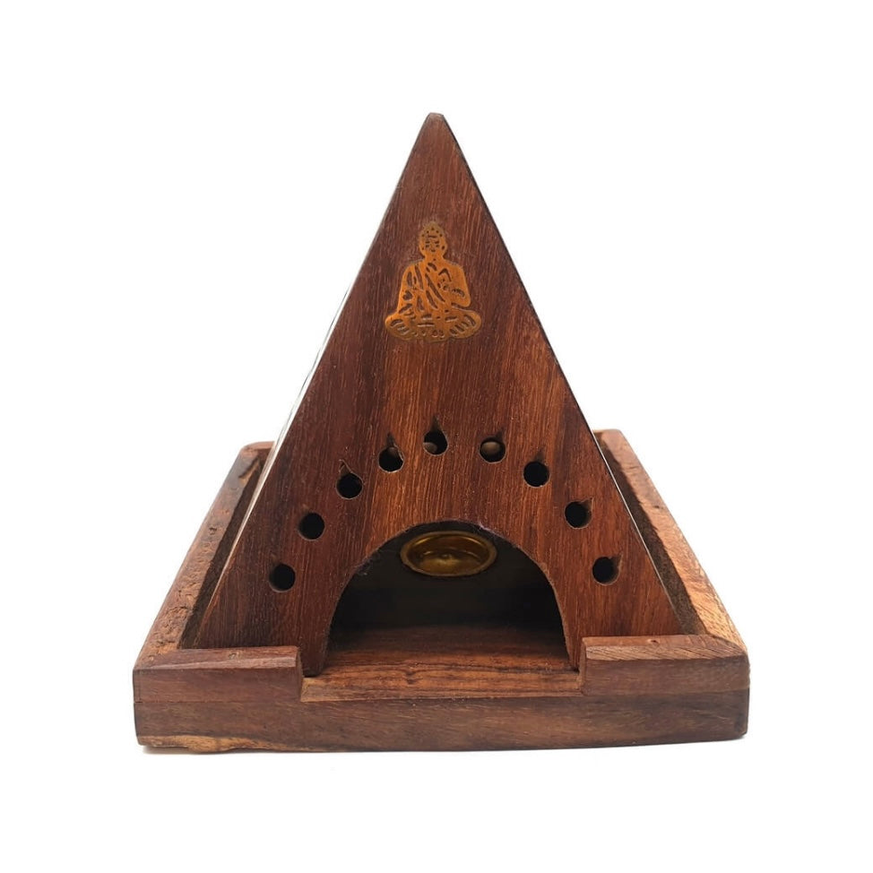 Bruciaincenso in legno piramide con Buddha - Portaincenso coni