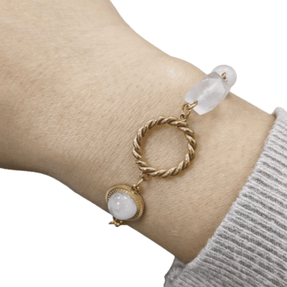 Bracciale con cubo sfaccettato in Quarzo rosa - Acciaio inox