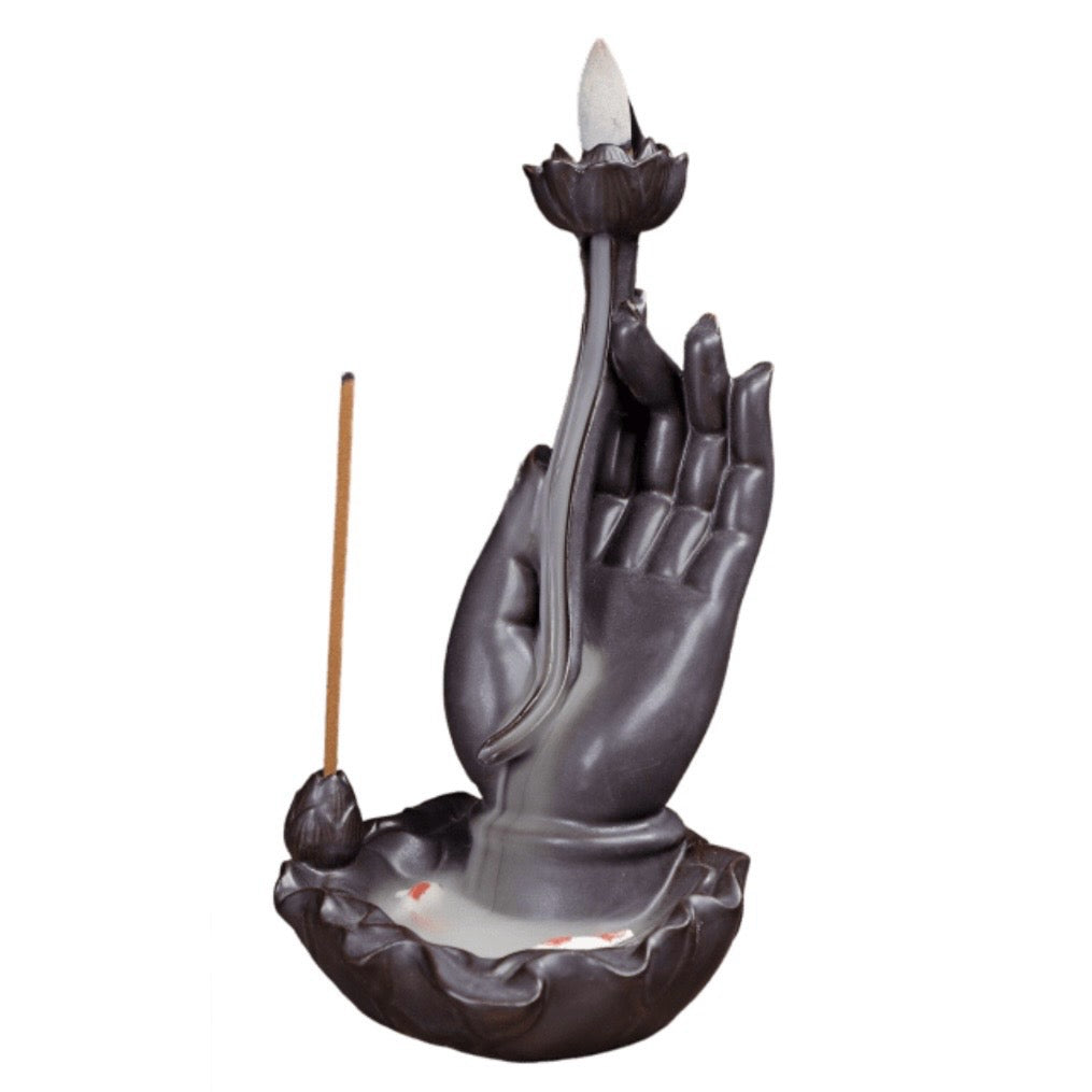 Bruciaincenso a cascata Mano di Buddha Pesce Koi - Portaincenso a Fontana per incenso in coni e bastoncini