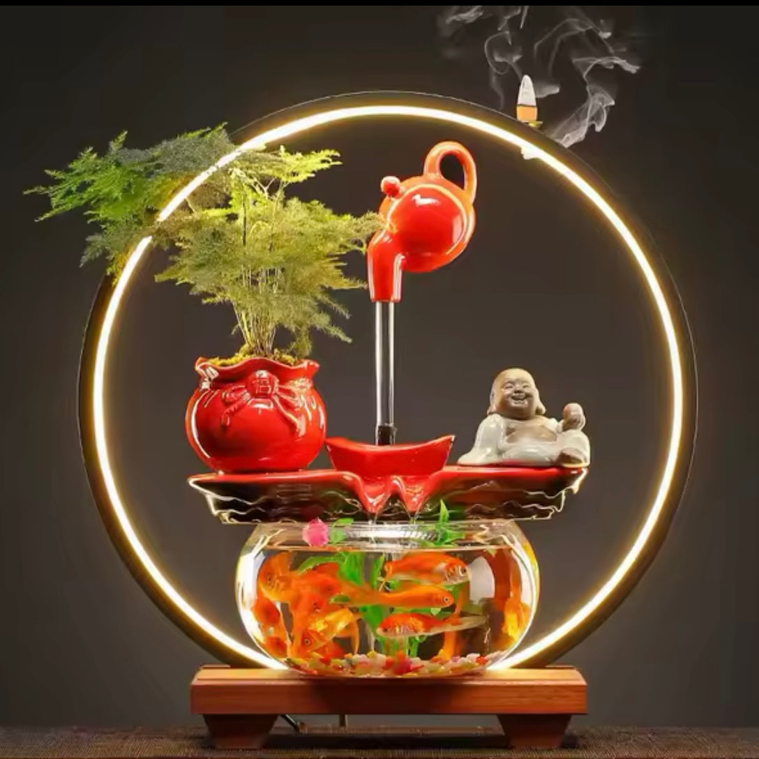 Bruciaincenso Lampada Zen Feng Shui, Cascata per incenso per meditazione luce LED in Ceramica Acquario e teiera
