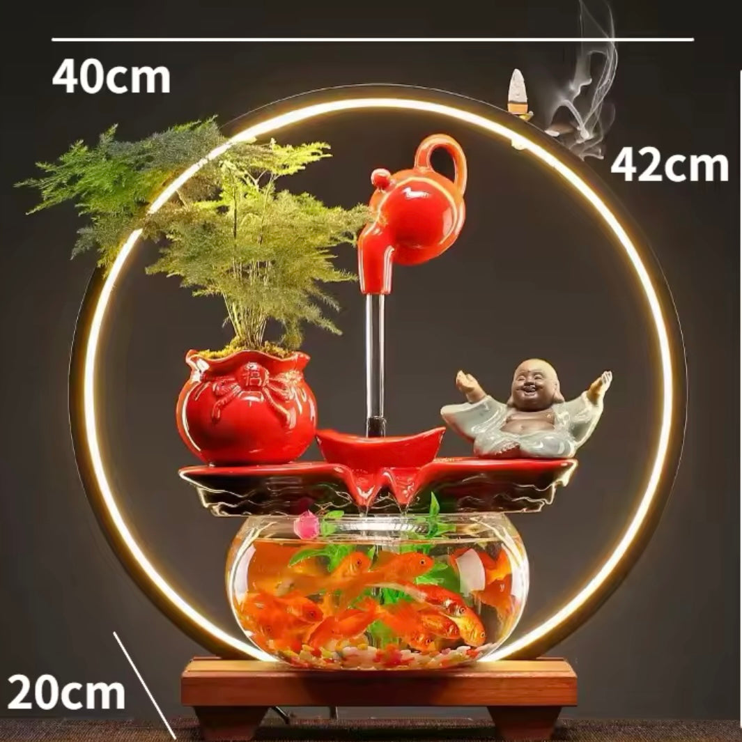 Bruciaincenso Lampada Zen Feng Shui, Cascata per incenso per meditazione luce LED in Ceramica Acquario e teiera