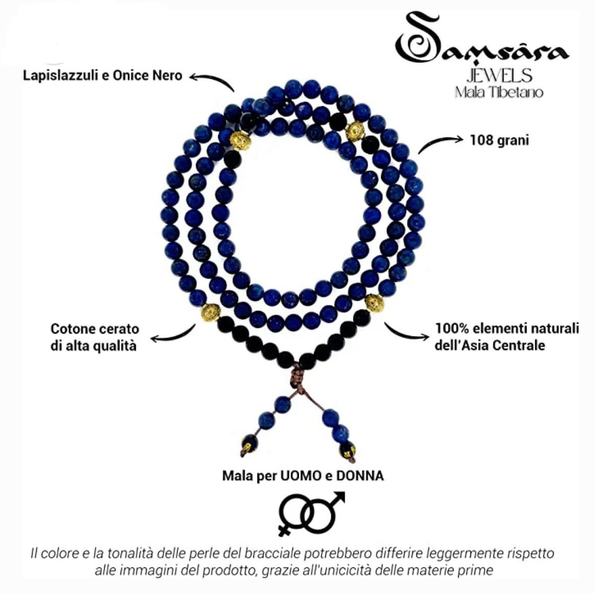 Samsara Mala Tibetana Lapislazzuli e Onice nero - Collana Rosario 108 grani