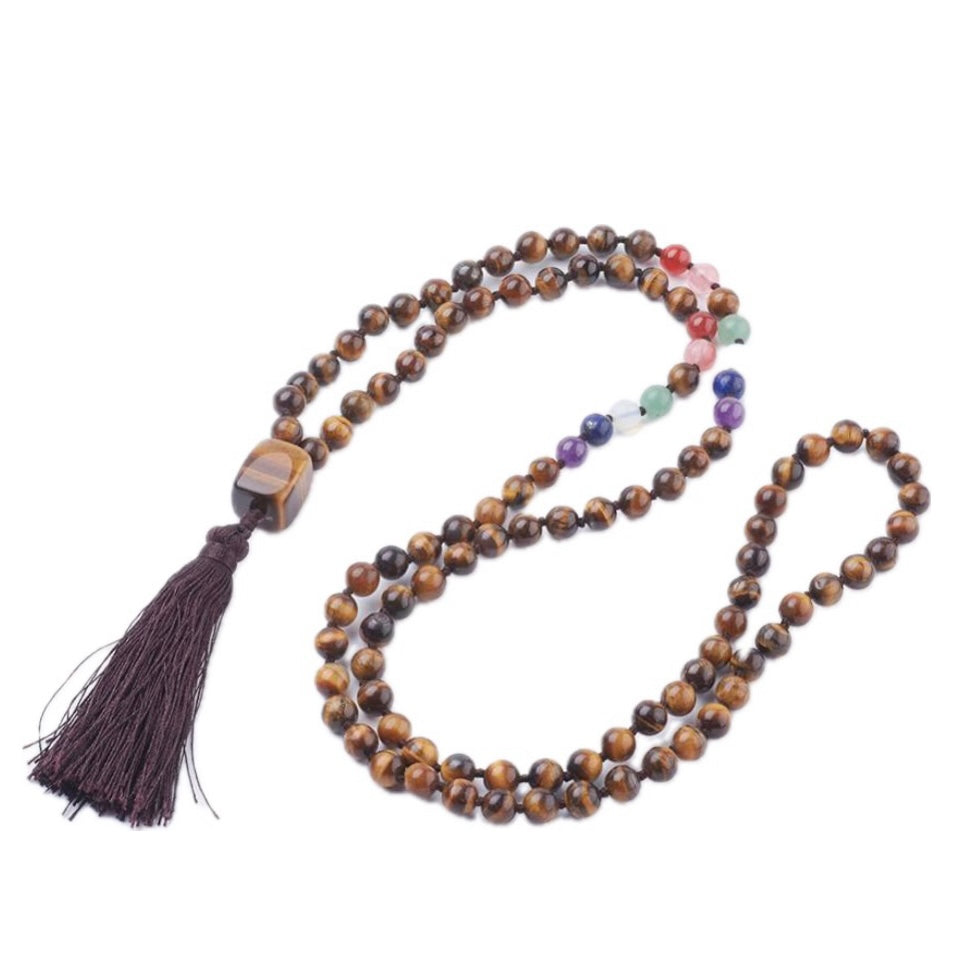 Mala Tibetana in Occhio di Tigre 7 chakra con Nappa - Collana Rosario 108 Perle