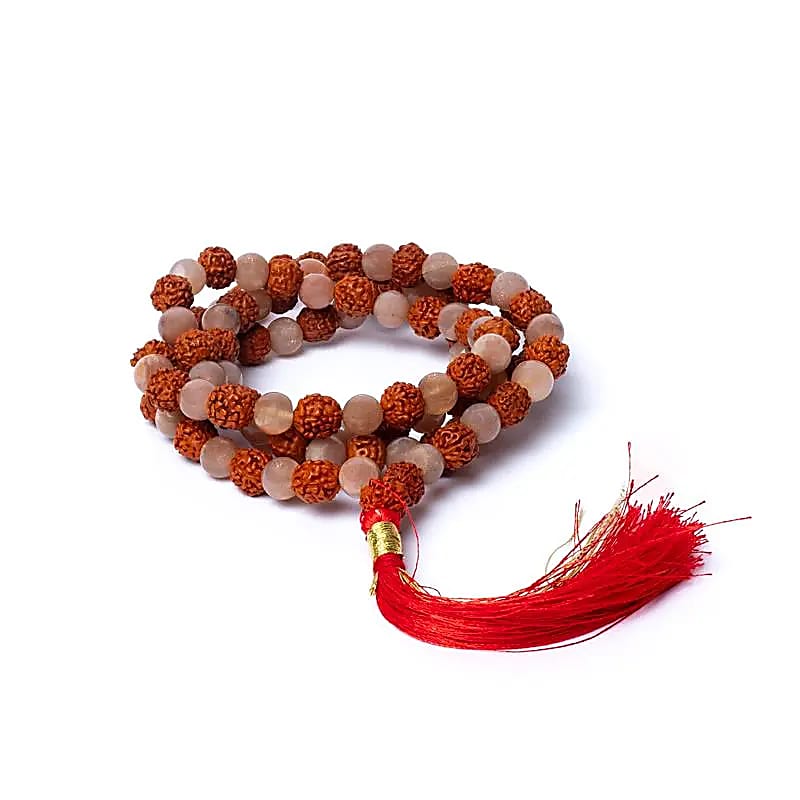 Mala Tibetana Rudraksha e Pietra di luna pesca - Collana Rosario 108 Grani