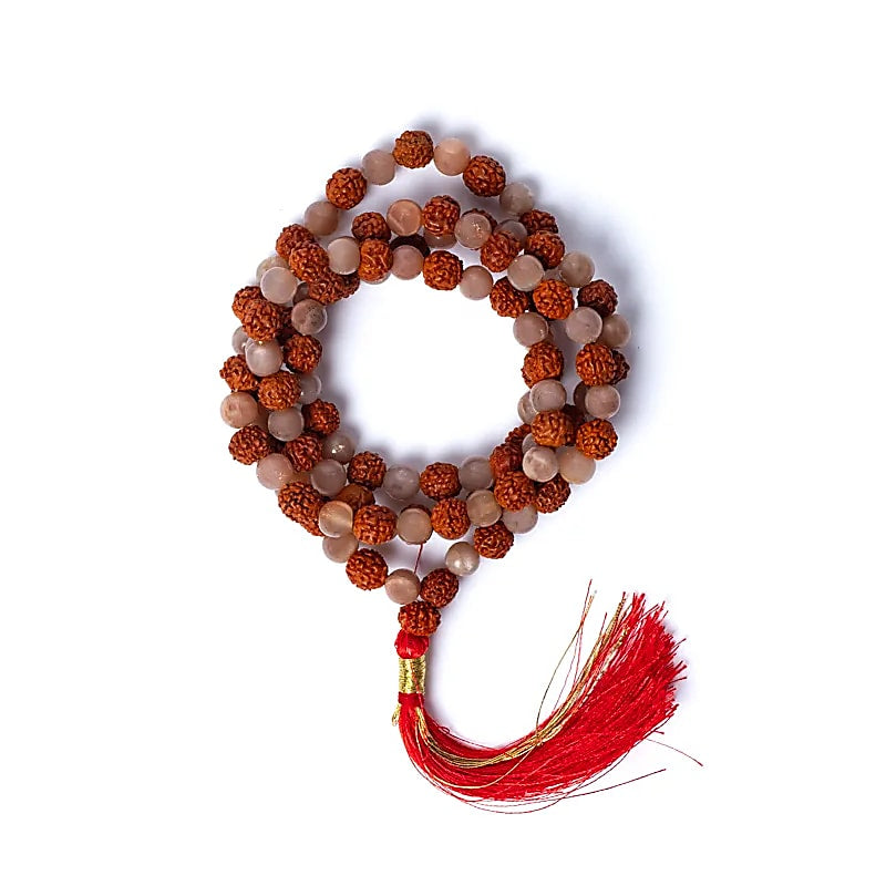 Mala Tibetana Rudraksha e Pietra di luna pesca - Collana Rosario 108 Grani