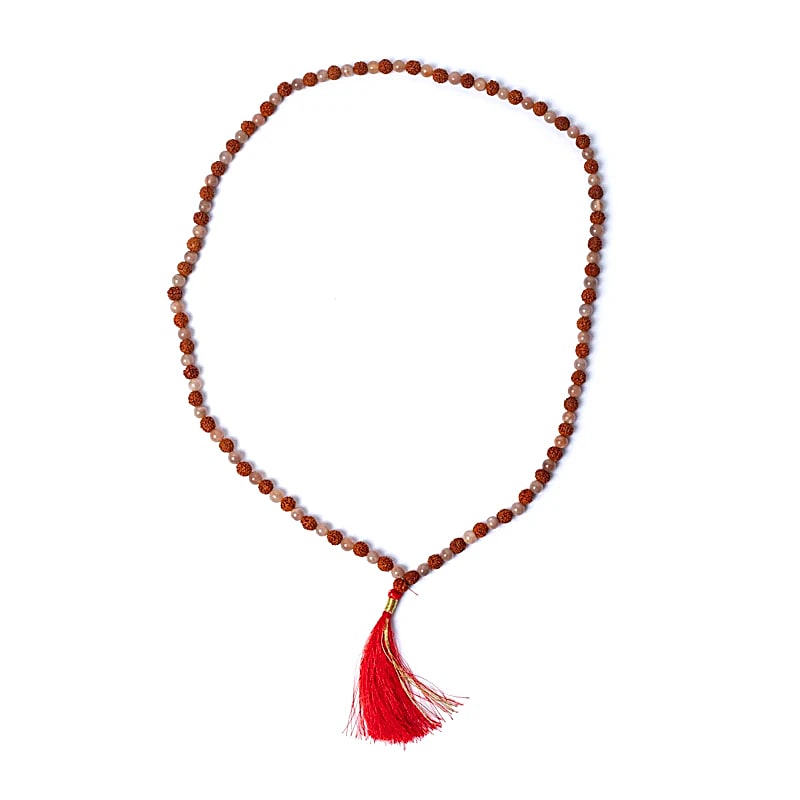 Mala Tibetana Rudraksha e Pietra di luna pesca - Collana Rosario 108 Grani