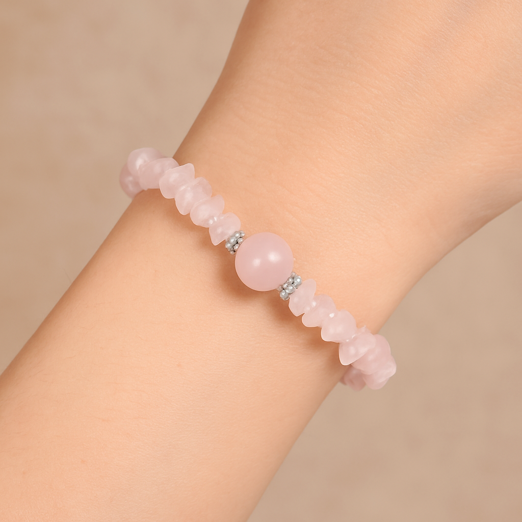 Elastic chips bracelet with pink quartz stone flakes - central round stone