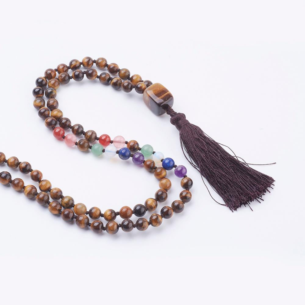 Mala Tibetana in Occhio di Tigre 7 chakra con Nappa - Collana Rosario 108 Perle