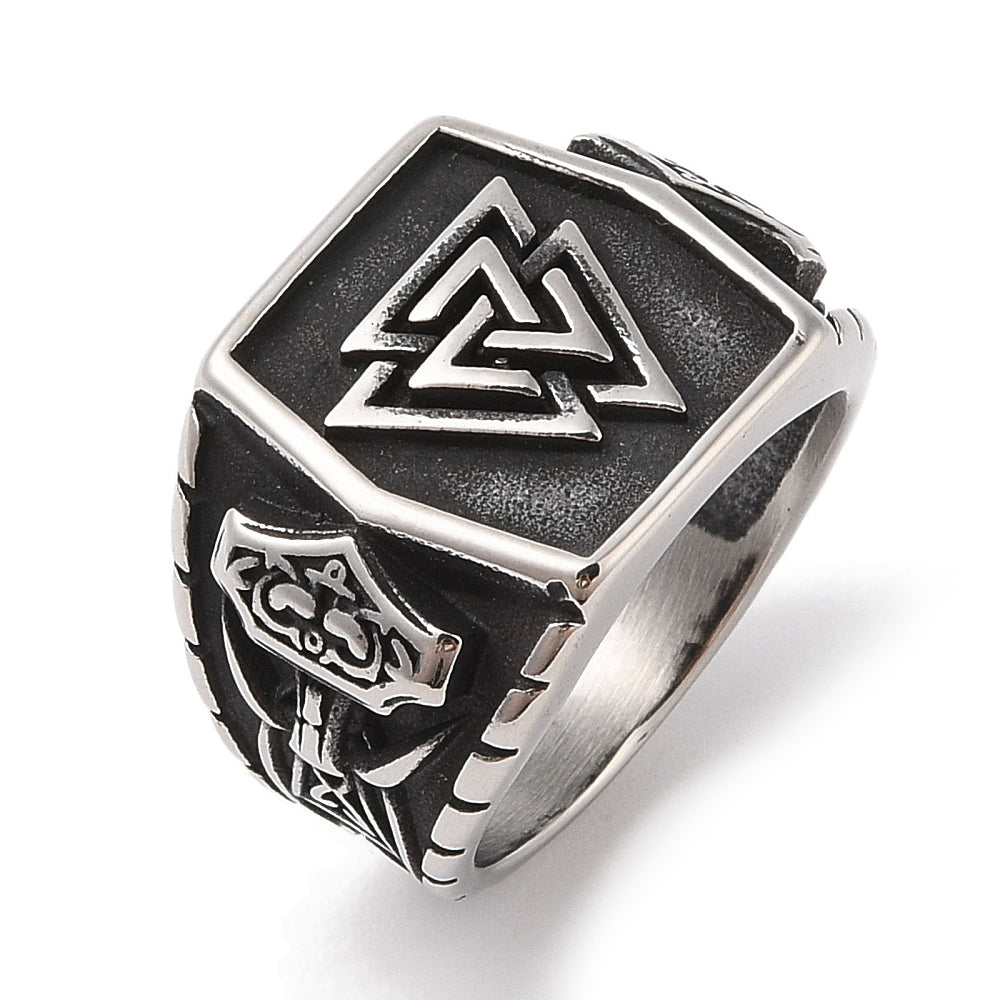 Viking ring with Valknut symbol in stainless steel - measuring 9