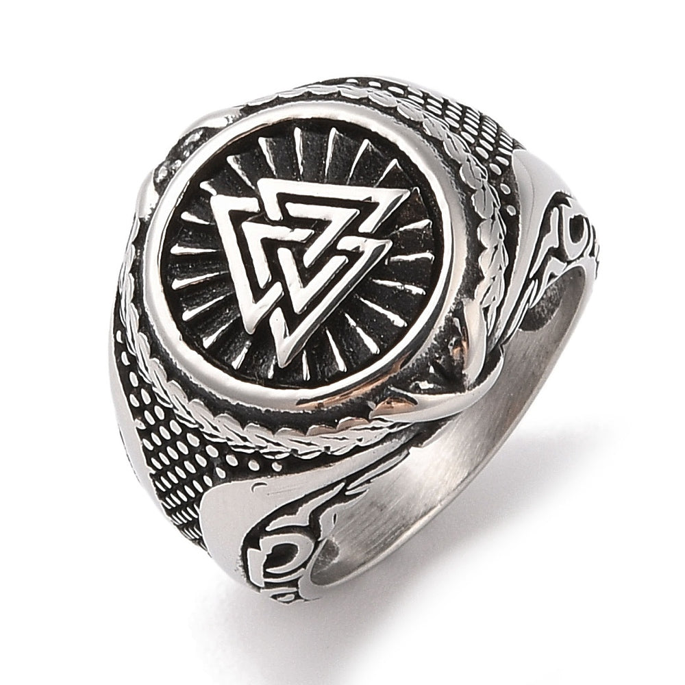 Viking ring with Valknut symbol in stainless steel - measuring 9 1/2