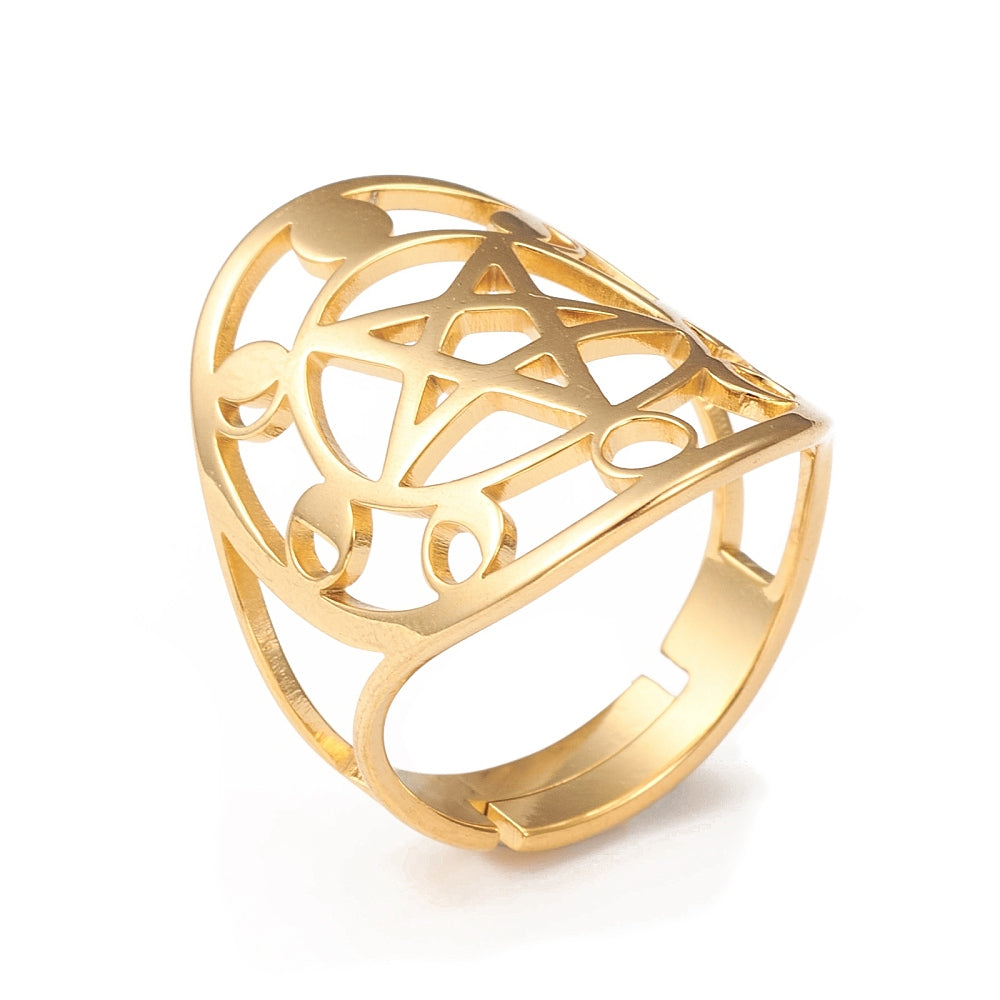 Lunar phase ring pentagram stainless steel - adjustable