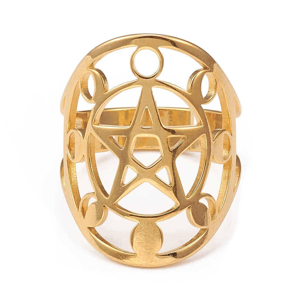 Lunar phase ring pentagram stainless steel - adjustable