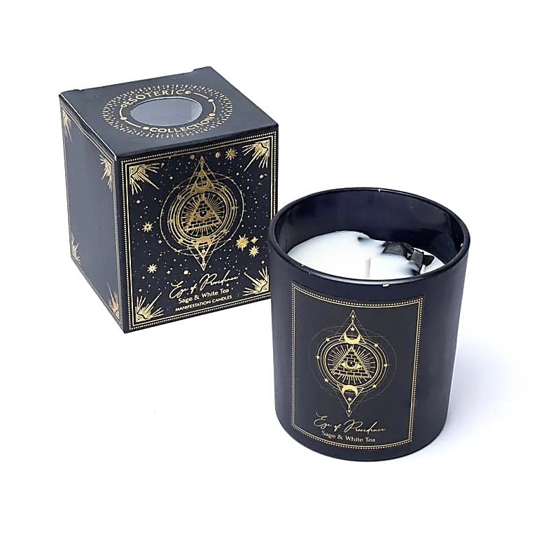 Eye of Providence Candela con pietre di Ossidiana Nera - Salvia e Tè Bianco - clorophilla-shop
