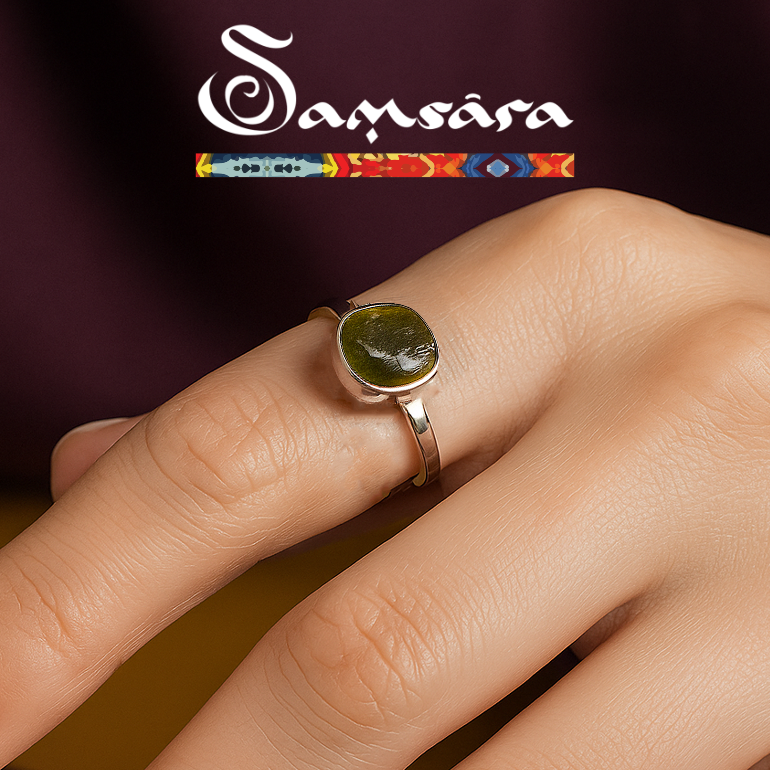Samsara Anello Moldavite in argento 925 naturale certificata con  garanzia, regolabile