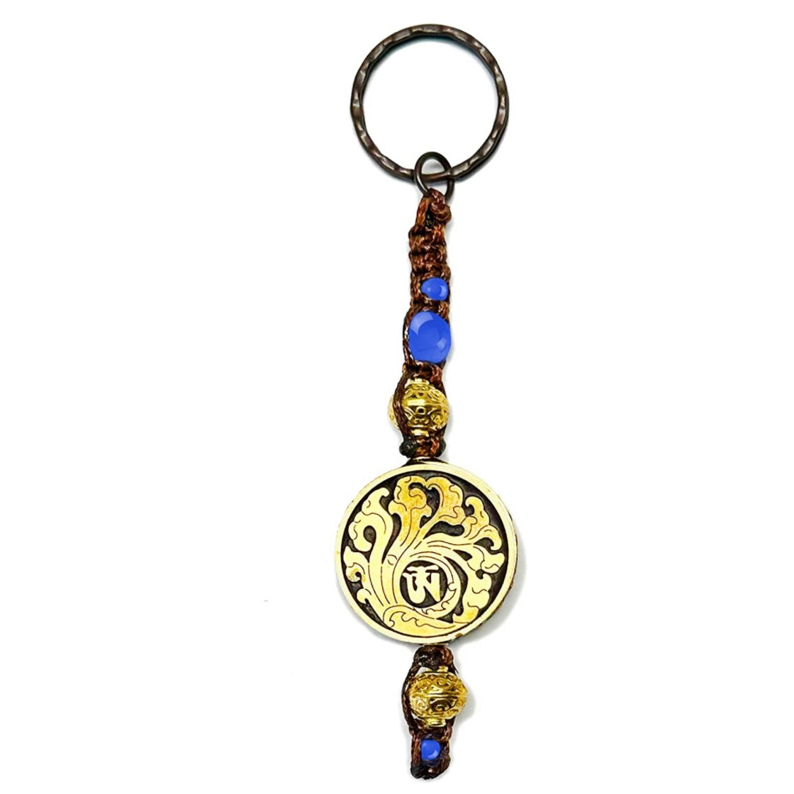 Samsara Tibetan Keychain Artisan in Blue Agata and Brass - Positive Energy and Protection