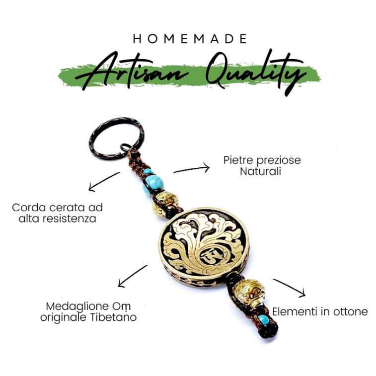 Samsara Tibetan Keychain Artisan in Blue Agata and Brass - Positive Energy and Protection