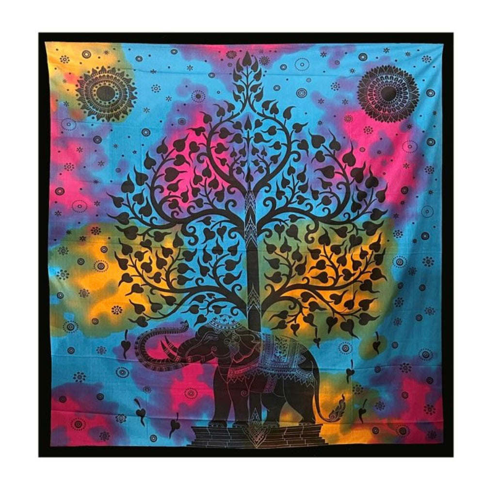 Telo arazzo da parete Elefante con albero della vita in cotone Made in India - 220x240cm