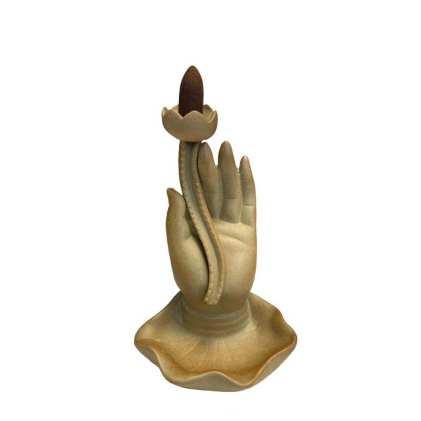 Bruciaincenso a cascata Mano di Buddha in ceramica beige - Portaincenso a Fontana per incenso in coni e bastoncini