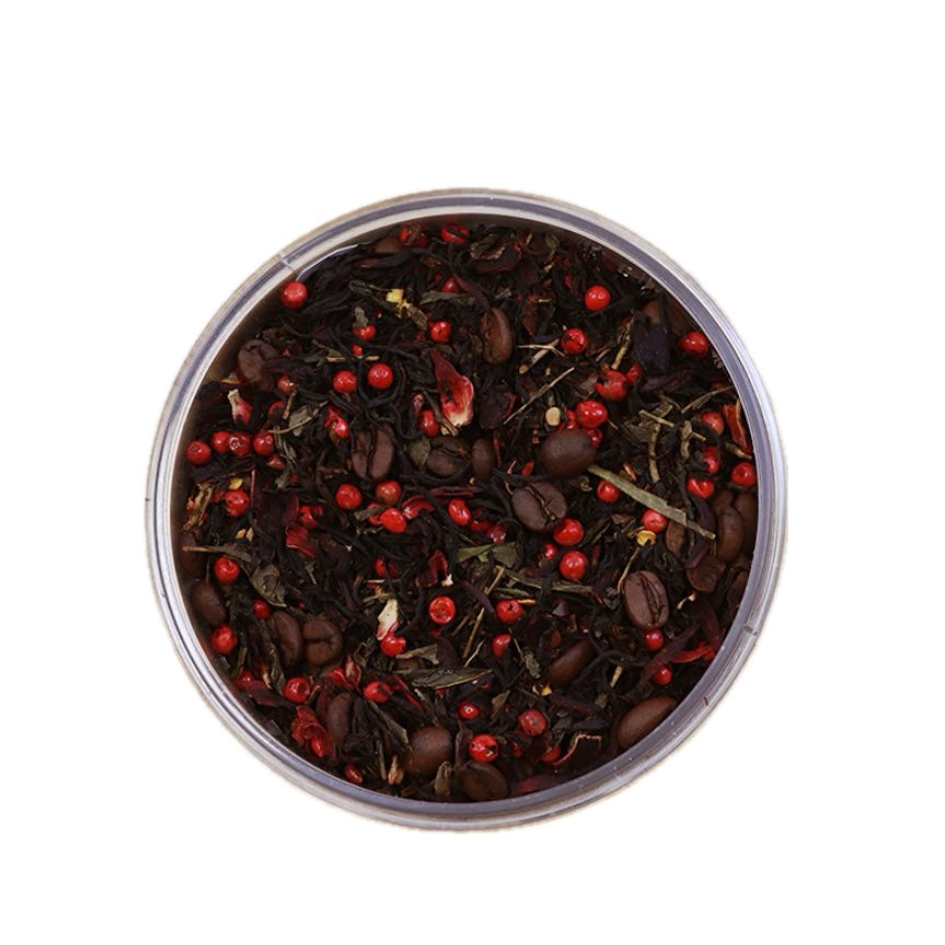 Karkatè Fuoco del Deserto - Miscela di Tè nero, tè verde, ibisco, grani di caffè e pepe rosa - Barattolo da 100g