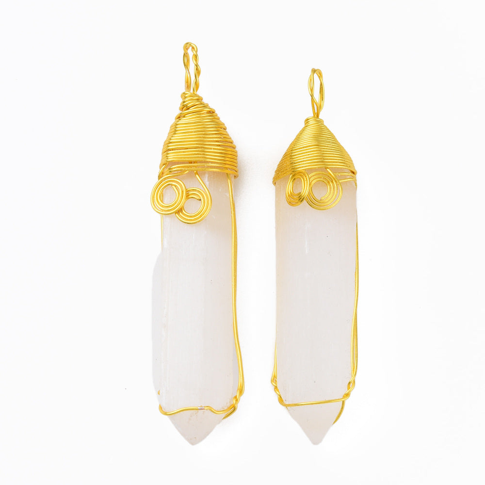 Ciondolo in Selenite naturale con occhiello in ottone dorato - Tranquillizzante e purificante