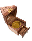 Bruciaincenso piramidale con cassetto in legno di Sheesham per incenso in grani, erbe, resine e coni - Porta carboncino 16cm
