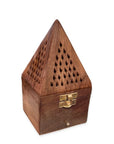 Bruciaincenso piramidale con cassetto in legno di Sheesham per incenso in grani, erbe, resine e coni - Porta carboncino 16cm