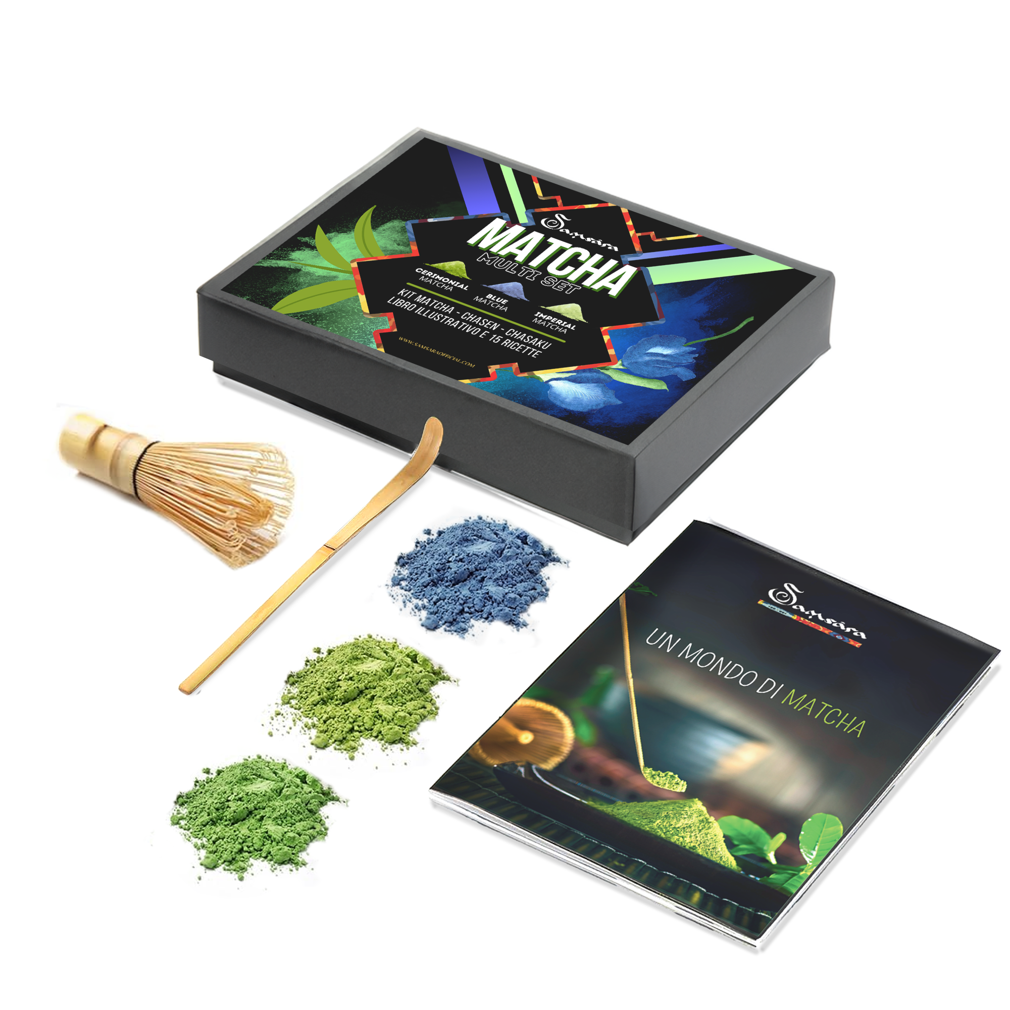 Samsara - Matcha Kit, Illustrative Book and 15 Recipes - Blue Matcha, Temcha ceremonial and imperial - 10g each - Japanese ritual with Chasen and Chasaku
