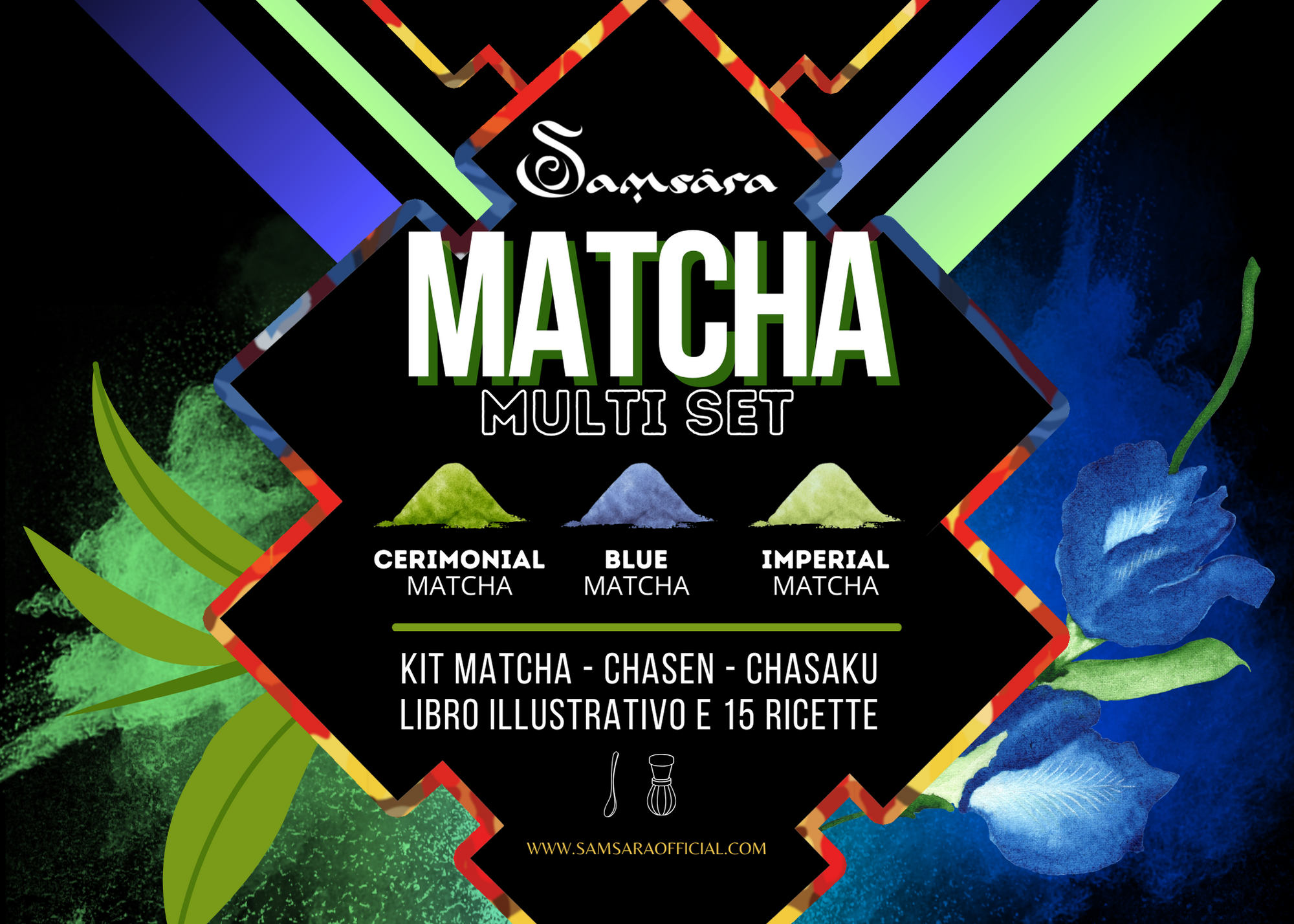 Samsara - Matcha Kit, Illustrative Book and 15 Recipes - Blue Matcha, Temcha ceremonial and imperial - 10g each - Japanese ritual with Chasen and Chasaku