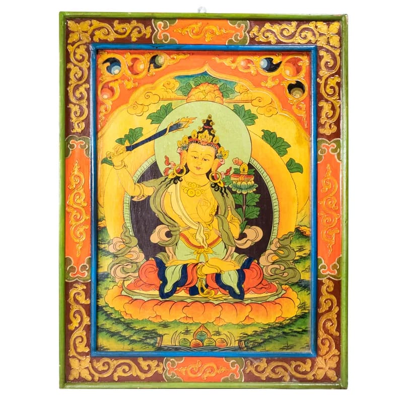 Buddha Manjushri thangkha pannello di legno Quadro Nepalese - 66x52cm - clorophilla-shop