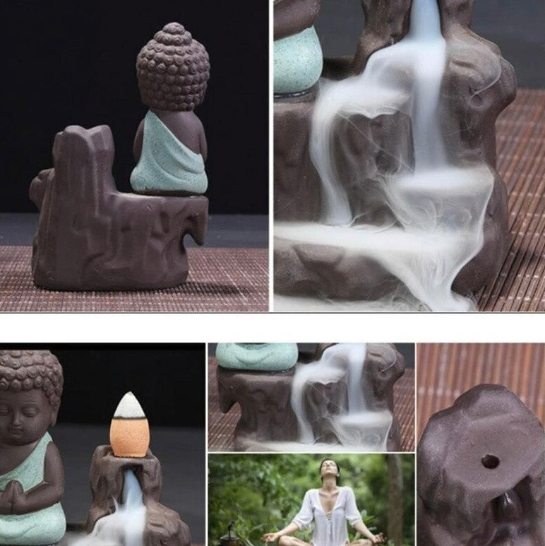 Bruciaincenso a cascata Buddha Piccolo in Ceramica per Incenso in coni - Portaincenso a fontana 12cm - clorophilla-shop