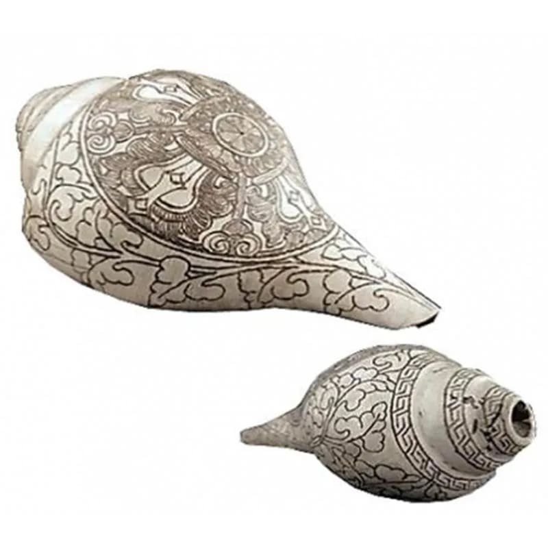 Real Puja ritual trumpet shell with double dorje incision - 18cm