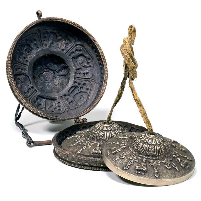 Tibetan Cimbali set with luxurious metal case and Buddhist symbols - 11cm