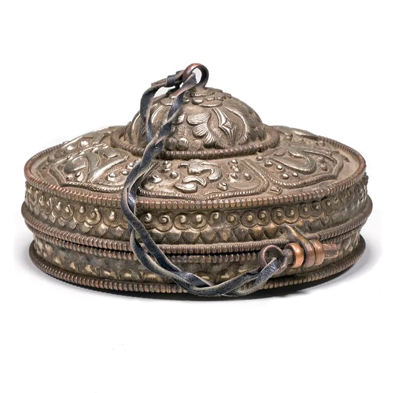 Tibetan Cimbali set with luxurious metal case and Buddhist symbols - 11cm