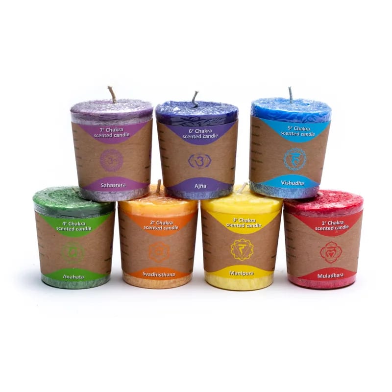 Set Candele Votive per Rituali e Meditazione 7 Chakra Votive Fragrance Candles, bambù, Multicolore, Set di 7
