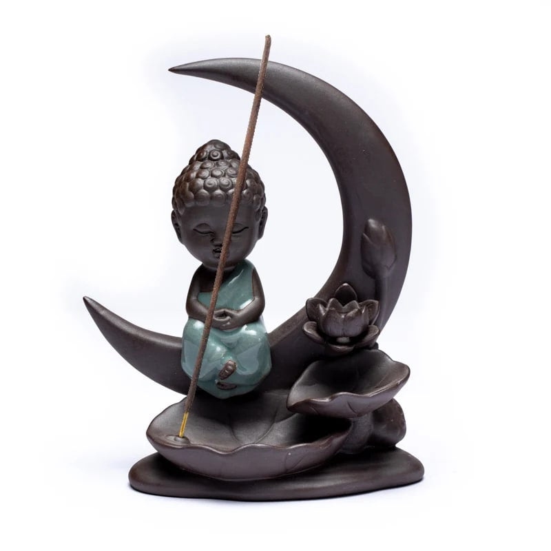 Bruciaincenso a cascata Buddha sulla Luna in Ceramica per Incenso in Coni e Bastoncini - Portaincenso a fontana 16.5cm - clorophilla-shop