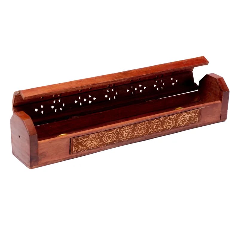 Bruciaincenso Scatola 7 Chakra in Legno Intagliato per Incenso in Bastoncini e Coni - Portaincenso 31cm - clorophilla-shop